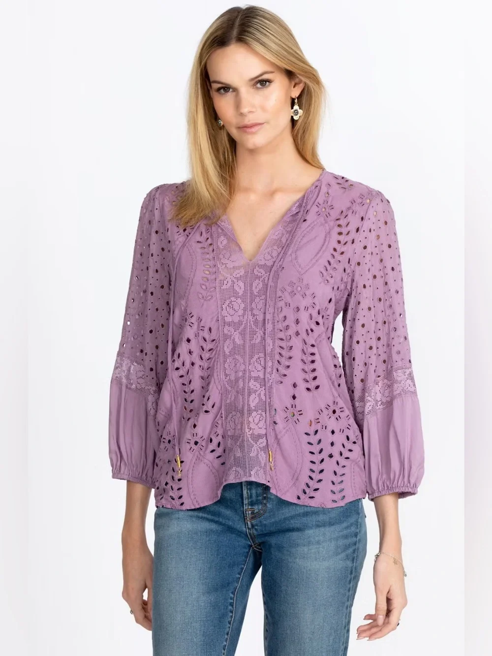 Johnny Was Lavender Eyelet Embroidered Peasant Blouse